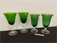 4 Emerald Green Bubble Glass Wine Water Stems