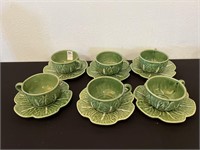 6 - Bordallo Pinheiro Green Cabbage Cups/Saucers