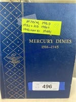 MERCURY DIMES 1916-1945 COIN BOOK, NOT COMPLETE,