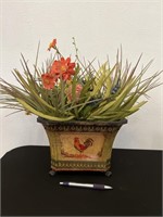 Metal Rooster Planter Faux Flowers
