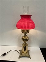 Vintage Lamp W. Chimney & Red Glass Shade
