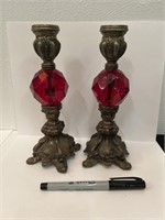 Antique Red Diamond Cut Candlestick Holders