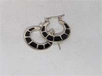 .925 Sterling Silver Onyx Hoop Earrings