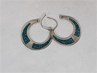 .925 Sterling Silver Turquoise Hoop Earrings