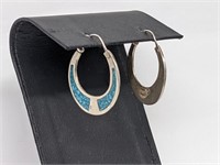 .925 Sterling Silver Turquoise Hoop Earrings