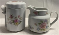 2 PIECE WHITE FLORAL TEA CONTAINER AND SMALL PITCH