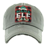 $15 Mama Elf Distressed Baseball Hat in Gray