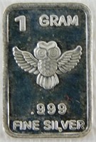 Silver Bar: "Owl", 1 Gram - .999 Fine Silver