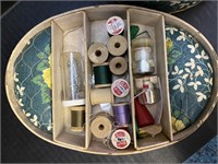 VINTAGE GREEN CLOTH SEWING BOX AND CONTENTS