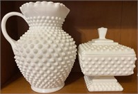 FENTON HOBNAIL MILK GLASS PITCHER AND CANDY DISH