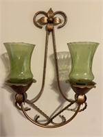 GOLD TONE GREEN GLASS WALL CANDLEABRA