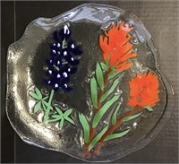 BLUE BONNET PAINTED LADY FLORAL GLASS TRAY