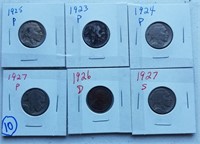 5 buffalo nickels & wheat penny 1920s