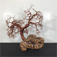 COPPER WIRE TREE ON PETRIFIED WOOD BASE
