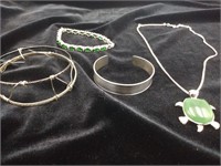 THREE BRACELETS AND STERLING CHAIN W/PENDANT