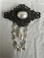 bar pin in antiqued metal filigree faux pearl