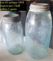 2 1858 aqua mason jars 1/2 gal & quart zinc lids