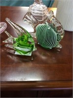 Pair of green and white glass fish