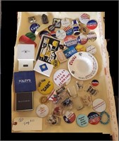 All on tray- political buttons shot glasses etc
