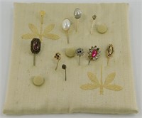 Pin Cushion with 10 Assorted Vintage Stick Pins