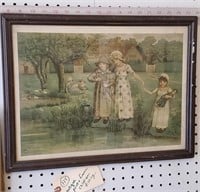 Antique frame art print children fishing