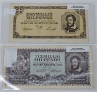 1946 Hungary 1 & 10 Million Pengo Banknotes