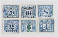 6 pcs Vintage CAD Excise Stamps