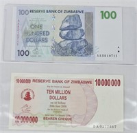 2007/2008 Zimbzbwe 10 & 100 Million Banknotes