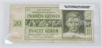 1944 German Occupied Bohemia 20 Kronen Banknote