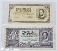 1946 Hungary 1 & 10 Million Pengo Banknotes VG