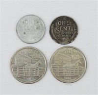2pcs US Steel Pennies & 2 2001 Kentucky .25c Coins