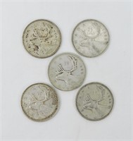 5 pcs CAD Silver .25c Coins - Assorted Dates