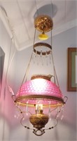 ANTIQUE HANGING LAMP, CRANBERRY HOBNAIL SHADE....