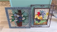 FRAMED 18" X 18" STAINED GLASS & FRAMED CHICKEN...