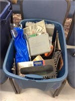 Blue bin of miscellaneous tools
