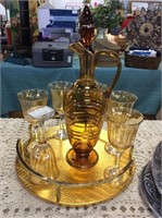 Amber decanter with six glasses