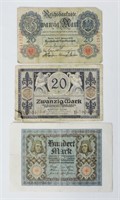 3 pcs Assorted German Reichsmark Banknotes