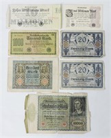 7 pcs Assorted German Reichsmark Banknotes