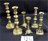 6 Antique Brass Push-up Candlesticks, Etc