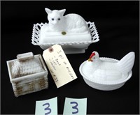 3 Pcs of Milk Glass- House Bank, 2 Covered Dishes
