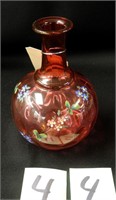 Victorian Cranberry Art Glass Vase Enamel Decor