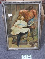 Victorian Lithograph Girl w/Cat NO SHIPPING