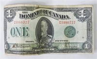 1923 Dominon Of Canada $1 Banknote VG