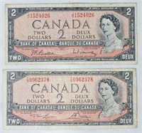 2 pcs 1954 CAD $2 Banknotes - Different Signatures