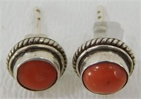 Vintage Sterling Silver and Coral Earrings - 2.34