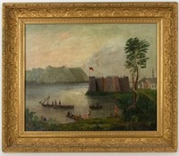 Oil on Board Hudson River Scene w/ Fortress