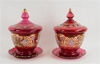 Pr. Large Bohemian Cranberry Glass Covered Bowls