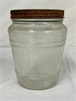 VINTAGE CLEAR GLASS BARREL SHAPED JAR
