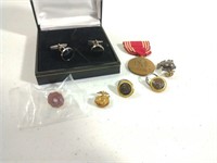 CUFFLINKS, PINS, AND ARMY MEDAL