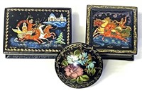 Pair Of Russian Fairytale Laquer Boxes & Pin